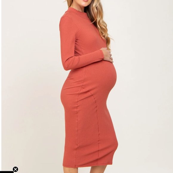 PinkBlush Rust Ribbed Long Sleeve Mock Neck Maternity Midi Dress Size Medium - Picture 2 of 10